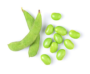 Green soy bean isolated on white background. top view