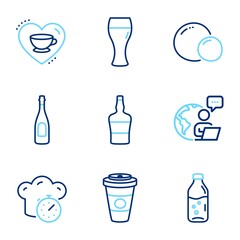 Food and drink icons set. Included icon as Cooking timer, Takeaway coffee, Love coffee signs. Water bottle, Peas, Beer glass symbols. Scotch bottle, Champagne line icons. Line icons set. Vector