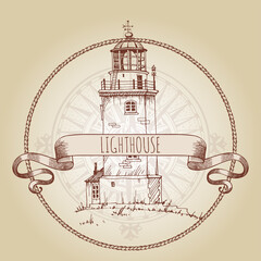 Lighthouse. Wind rose, frame, rope. Lighthouse. Image of old lighthouses in a round rope frame. Hand-drawn vector sketch. Ancient architecture.