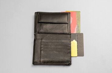 Wallet with credit bank cards on a gray background