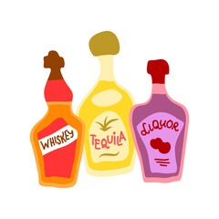 Collection of bottles of strong alcohol. Tequila, liquor and whiskey. Party drinks concept. Hand draw cartoon isolated illustration on white background. Doodle line graphic design. Freehand drawing.