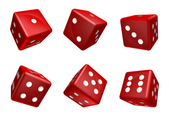 Realistic Detailed 3d Different Red Casino Dice Set. Vector