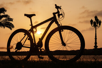 Silhouette of a bike at sunset. The sun shines through the bicycle frame with silhouettes of...