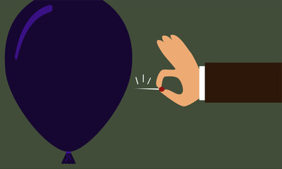 The sharp needle with a read handle in the hand of human is going to pop the violet balloon.