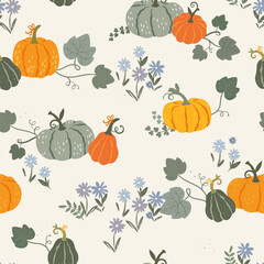 Fun hand drawn pumpkin seamless pattern, lovely thanksgiving background - great for textiles, banners, wallpaper - vector design