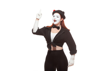 Portrait of a female mime artist performing, isolated on white background. Symbol of an idea,...