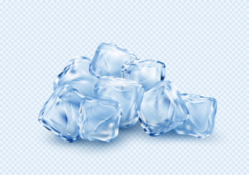 Group of ice transparent clear cubes isolated on light blue transparent background. Vector illustration