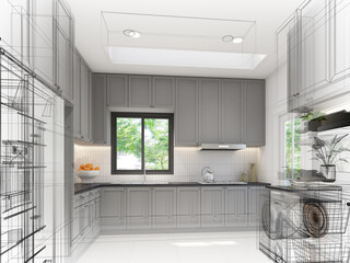 abstract sketch design of kitchen room ,3d rendering