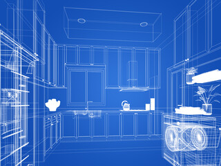 abstract sketch design of kitchen room ,3d rendering