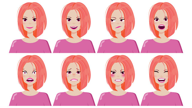 Cartoon Color Character Person and Womans Emotions Concept. Vector