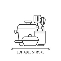 Kitchen tools linear icon. Cooking supplies. Food preparation containers. Cookware and bakeware. Thin line customizable illustration. Contour symbol. Vector isolated outline drawing. Editable stroke