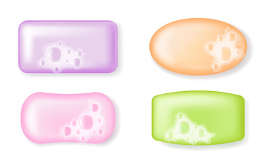 Fototapeta premium Realistic soap bars of different shape and color with foam and bubbles
