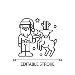 Christmas decor linear icon. Artificial tree decorations. Santa Claus and reindeer. Thin line customizable illustration. Contour symbol. Vector isolated outline drawing. Editable stroke