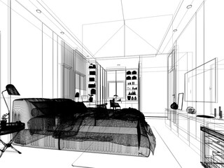 sketch design of interior living room,3d rendering