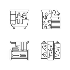 Style ideas for home linear icons set. Bathroom. Wallpapers. Home textile. Wall art. Bath accessories. Customizable thin line contour symbols. Isolated vector outline illustrations. Editable stroke