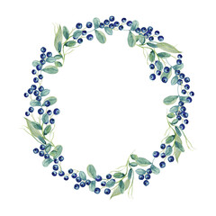 Watercolor Christmas eve Elderberry wreath. Blue Berries and green branches. Winter holidays clipart. Elegant wedding frame. White background
