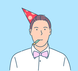 New Year celebration, festive mood concept. Happy smiling new years eve celebrating man with hat on party.