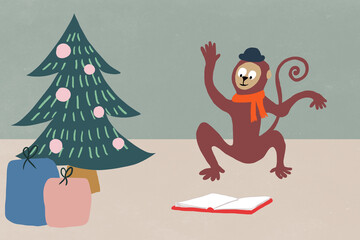 Monkey with a hat and a red scarf reading a book near a Christmas tree with presents