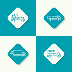 Freight transport. Concept delivery service. Truck delivers the goods. Outline. minimal. button. Set of vector icons.