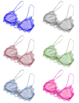 Fashion trendy lace lingerie. Different bra on white background.  Colorful women's underwear. 