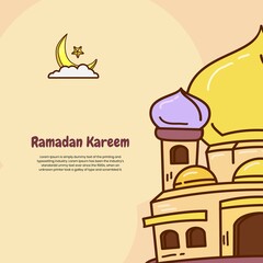 Ramadan kareem greeting card design with mosque in cartoon style