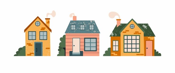 Cartoon Cottage set. Hand drawn home facade with texture frond view, cute bright townhouse and family house in countryside collection, real estate modern design flat vector isolated illustration