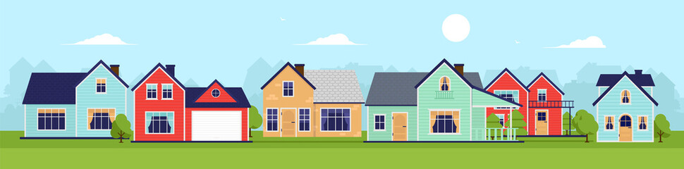 Houses panorama background - Wide image of a nice neighbourhood with several houses, blue sky and positive atmosphere. Vector illustration. - obrazy, fototapety, plakaty