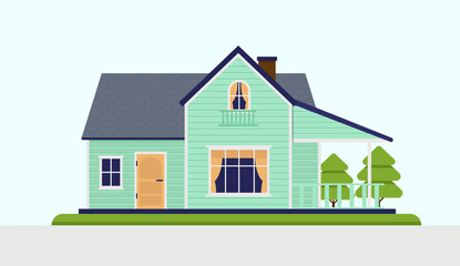 Vector house with porch - Front view of a green suburban residence home with garden. Vector illustration.