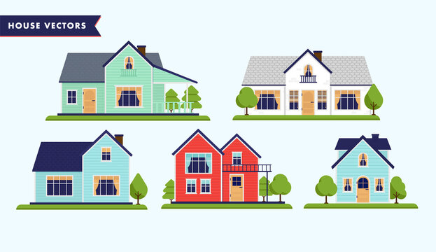 Vector house collection - 5 houses in different colours for suburban and urban backgrounds.
