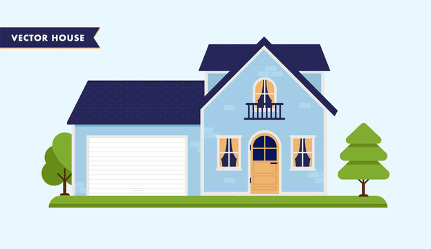 Vector house with garage - A small blue coloured brick home, in front view and flat design. Vector illustration.
