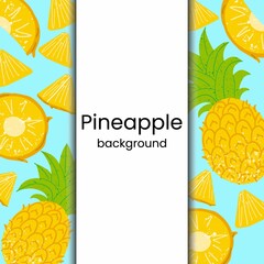 Pineapple fresh tropic fruit banner. Cartoon square color vector border, frame for design menus, cookbooks, cards, posters. Isolated illustration on blue background