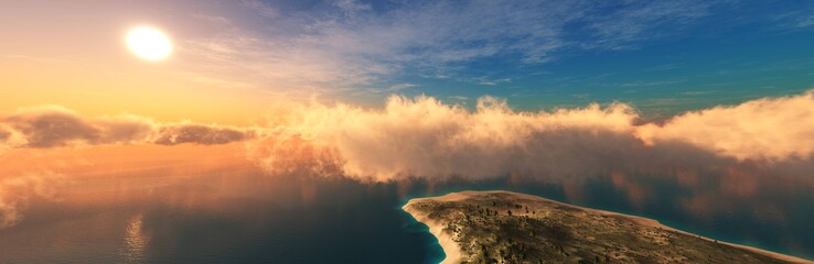 Flying over an island in the clouds, among the clouds, a tropical island from a height of flight, 3D rendering