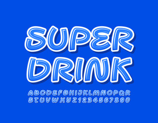 Vector blue logo Super Drink. Creative bright Font. Modern Alphabet Letters and Numbers set