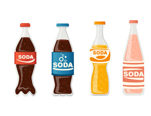Soda bottles set with label glass bottles with different types of soda non alcohol drink flat vector illustration isolated on white background