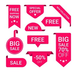 Red ribbon of price tag, sale promo, new offer vector bundle set. Sale labels collection isolated on white background. Advertising banners with promotional text. Vector illustration