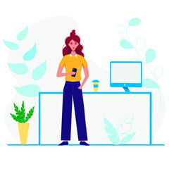 Young girl in formal wear with smartphone, near workplace in office. Concept businesswoman character at work with laptop. Vector illustration.