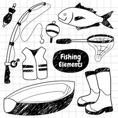 Set of fishing equipment vector graphics in hand drawn style. design elements. Suitable for wallpaper, posters, banners, magazines, etc.