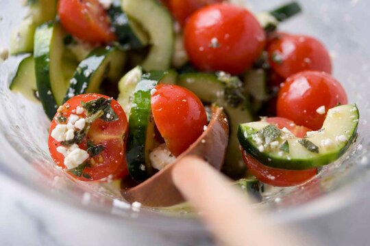 Close up of cucumber and tomato salad