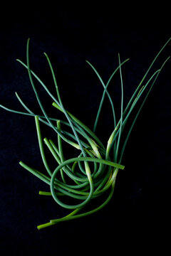 Garlic scales against black background