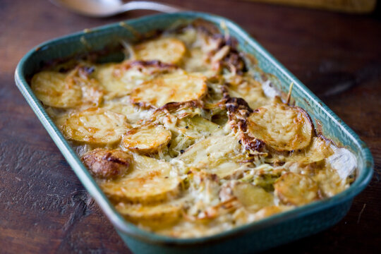 Close up of potatoes and leek gratin