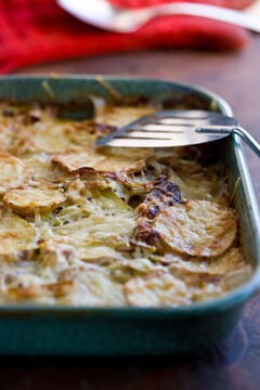 Close up of potatoes and leek gratin
