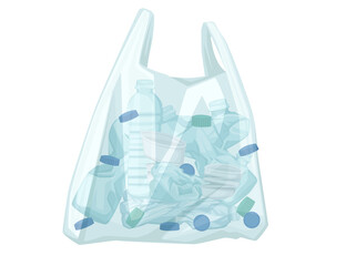 Plastic bag with plastic bottle waste pollution problem flat vector illustration on white background