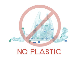 Plastic bag with plastic bottle waste NO PLASTIC sign flat vector illustration on white background
