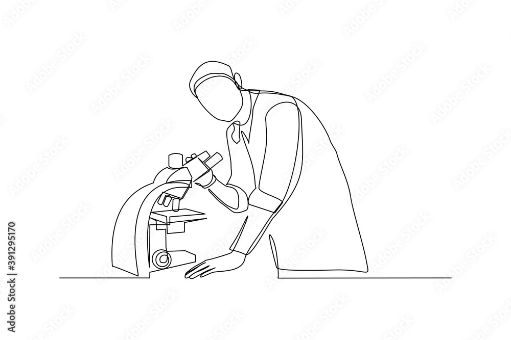 Wall mural continuous line drawing of male scientist analyze using microscope in laboratory. one line concept o