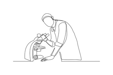 Obraz na płótnie Canvas Continuous line drawing of male scientist analyze using microscope in laboratory. One line concept of science work space. Vector illustration