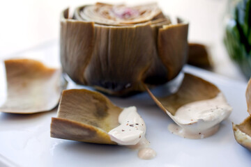 Steamed artichokes with vinaigrette dipping sauce