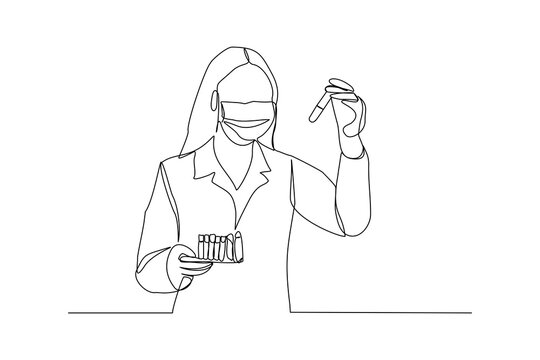 Continuous line drawing of female scientist analyze formula on laboratory tube. One line concept of medical science. vector illustration