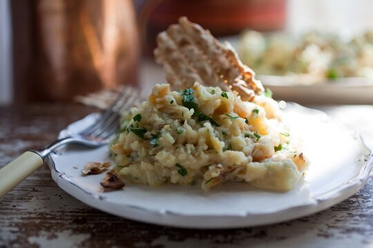 Close up of traditional brandade with bread on plate