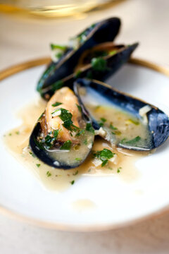 Ale steamed mussels with garlic and mustard on plate