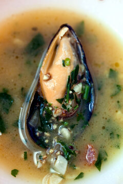 Ale steamed mussels with garlic and mustard on plate